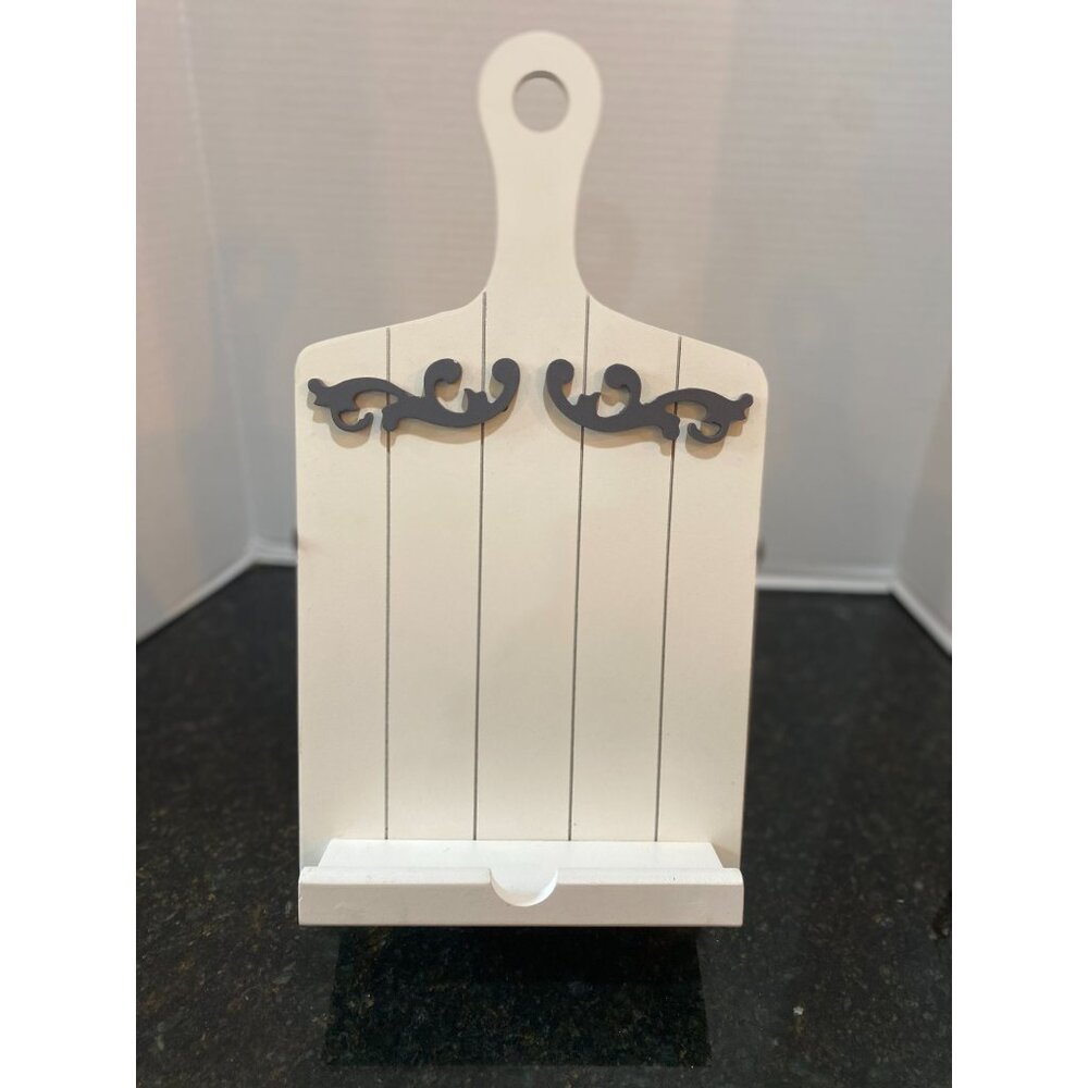 Boston Warehouse Cookbook and Tablet Holder, White Wooden with Gray/ Black Scrol